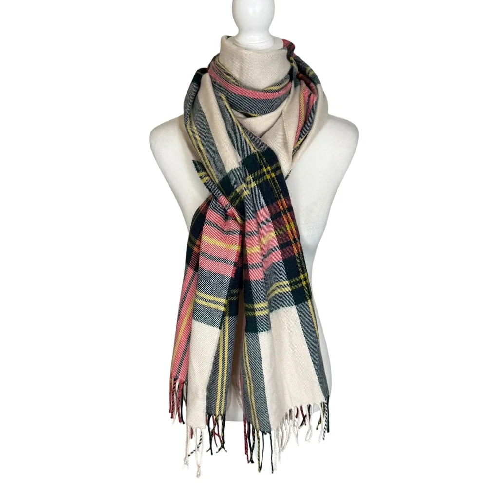 J.Crew Multi Color Plaid Blanket Scarf Fringed Oversized Pink Navy Cream 25 x 78